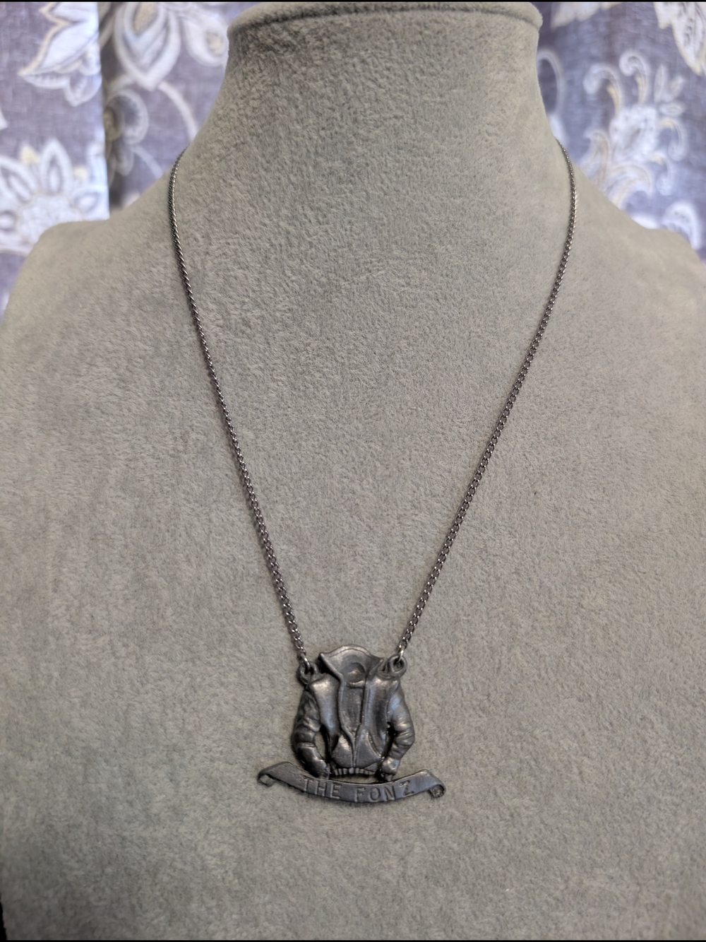 70s Pewter The Fonz Leather Jacket Novelty Pendant Necklace
